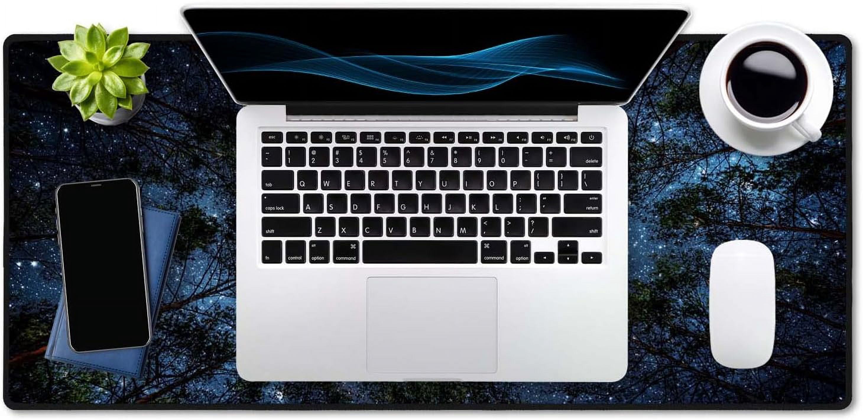 The Milky Way and The Trees Mouse Pad 35.4 x 15.7 Inch XXL Night Sky Full Desk Mousepad Extended Large Non-Slip Rubber Base Waterproof Big Keyboard Mat with Stitched Edges for Gaming and Office