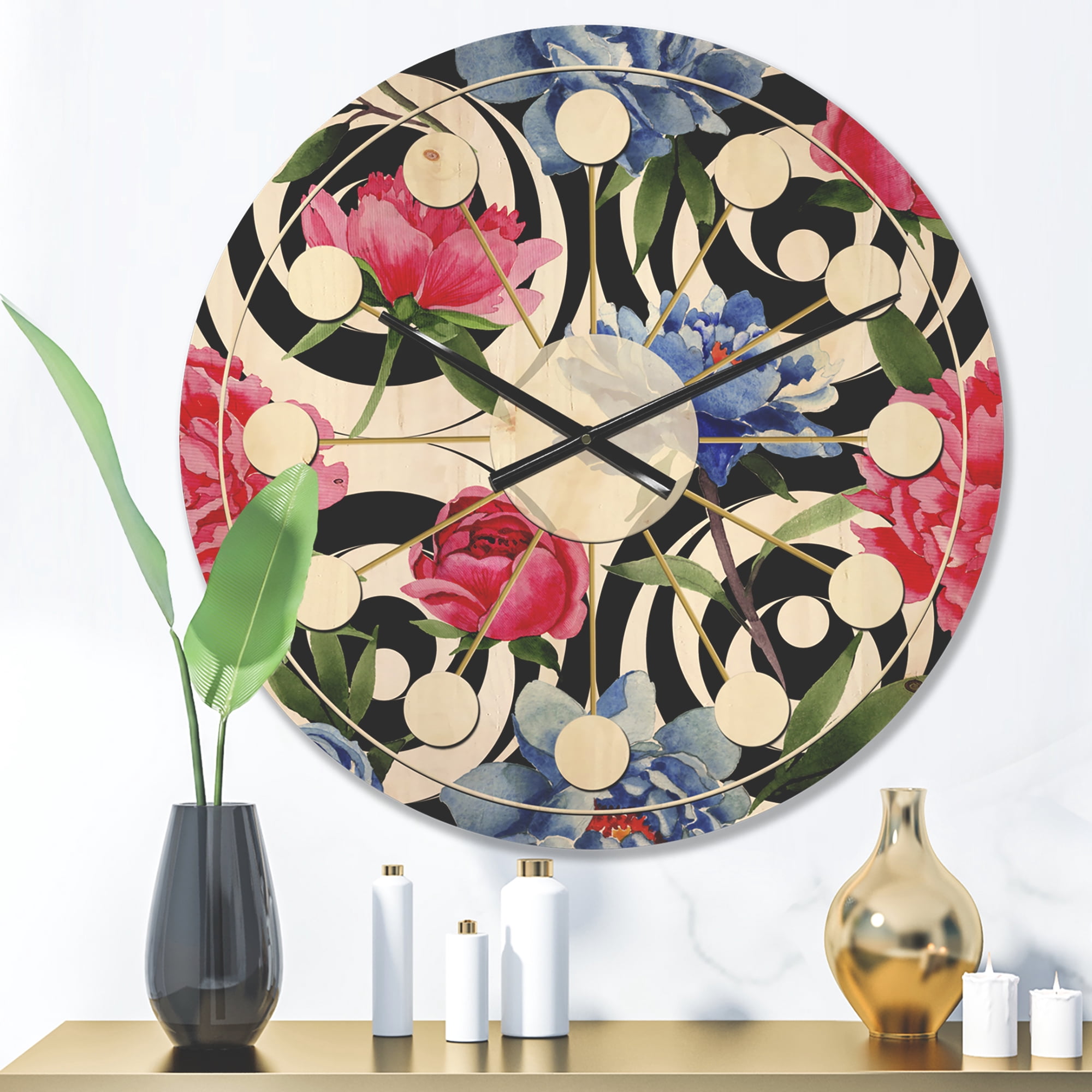 Designart 'Retro Pattern Over Floral I' Mid-Century Modern Wood Wall Clock