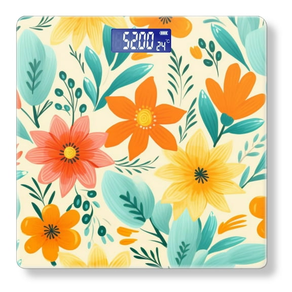 Bathroom Scale, Highly Accurate Digital Body Scale,Precisely Measures Weight up to 400 lbs-Orange And Teal Flowers On Cream Background