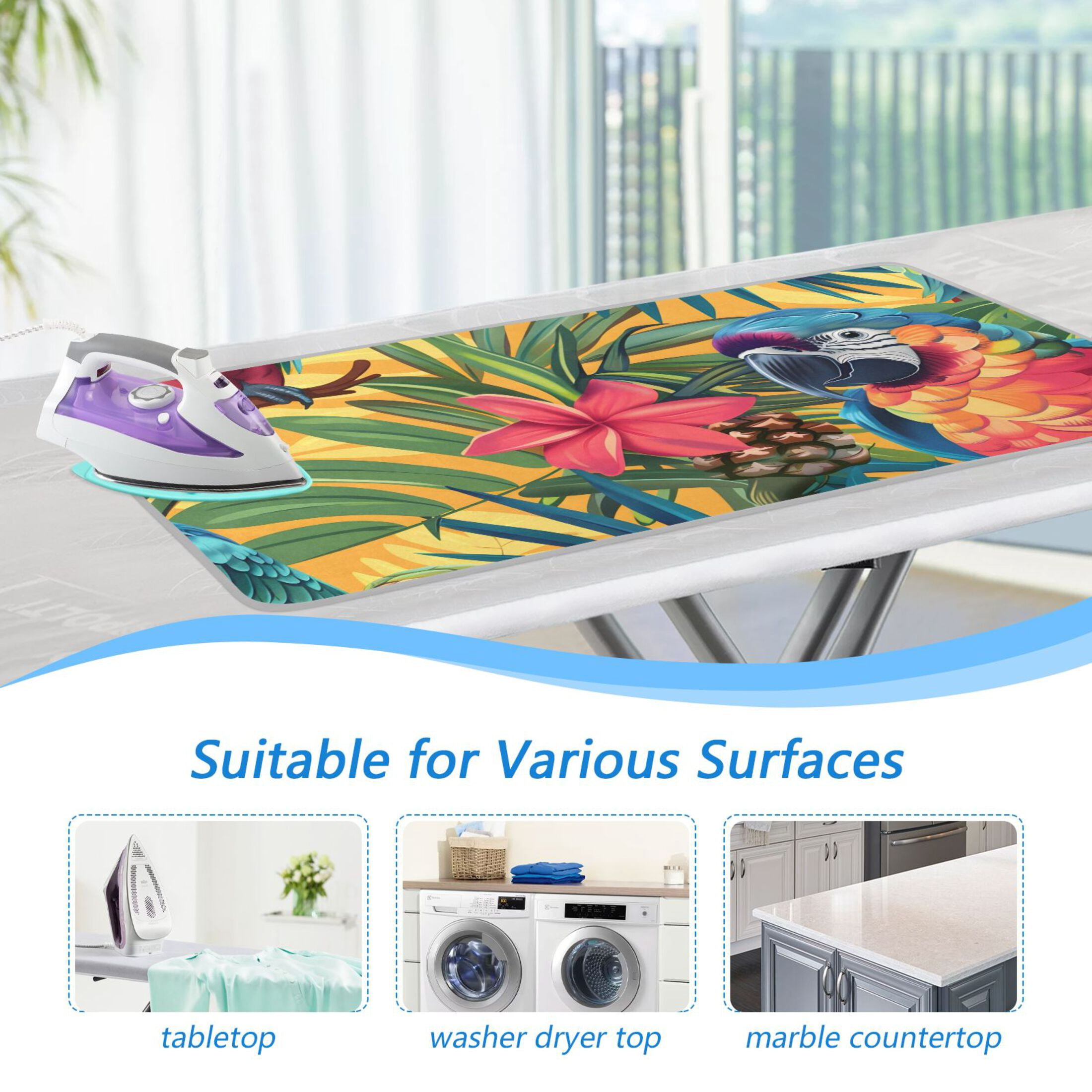 Parrots Pineapples Flower Palm Leaves Ironing Mat Blanket Portable Travel Ironing Pad Heat Resistant Pad 47.2" x 27.6”