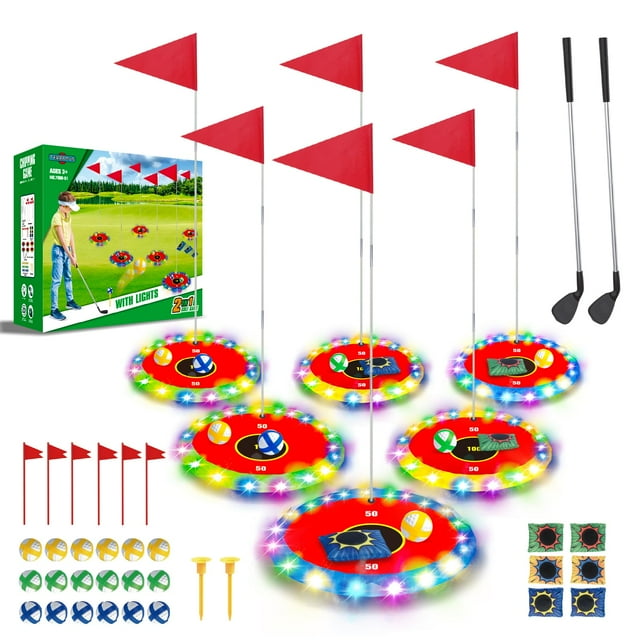 Set de golf TERRAMUS con 6 objetivos LED, 2 palos y 18 pelotas