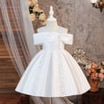 thumbnail image 6 of Bobifish Toddler Girls Off Shoulder Satin Flare Dress Large Front Bow Sequin Dress Wedding Party Formal Children Girls Dresss, 6 of 9