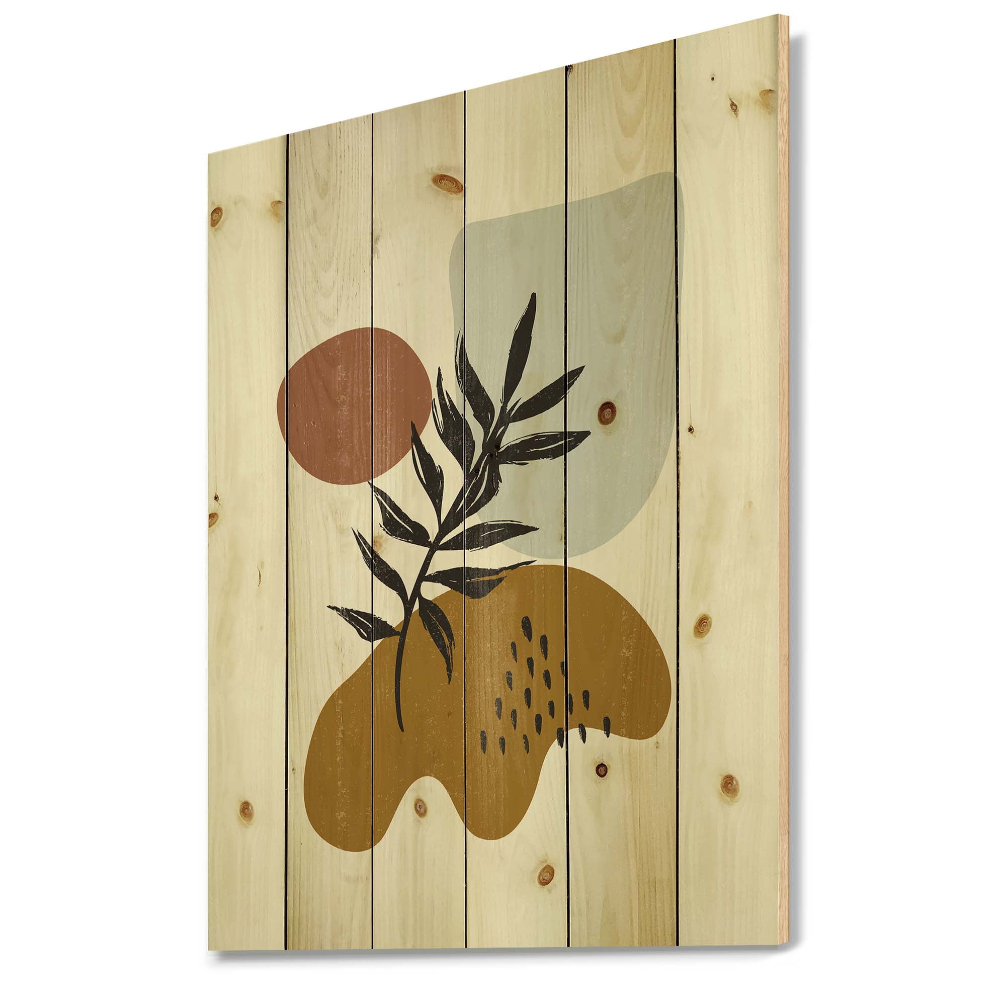Designart 'Abstract Shapes With Botanical Minimalist Leaf II' Modern Print on Natural Pine Wood