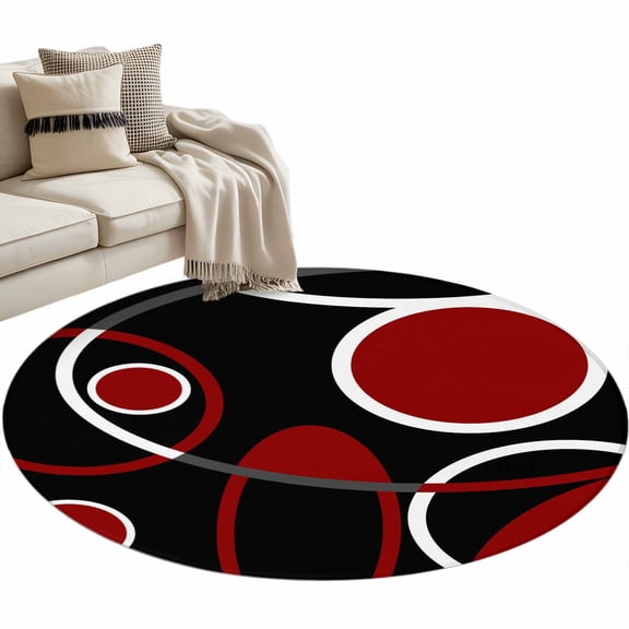 Black Red 3ft Area Rug, White Circle Geometric Abstract Texture Washable Non-Slip Small Round Rugs for Entryway Bedroom Kitchen, Soft Circle Carpet for Dining Room, Playroom Nursery Rug
