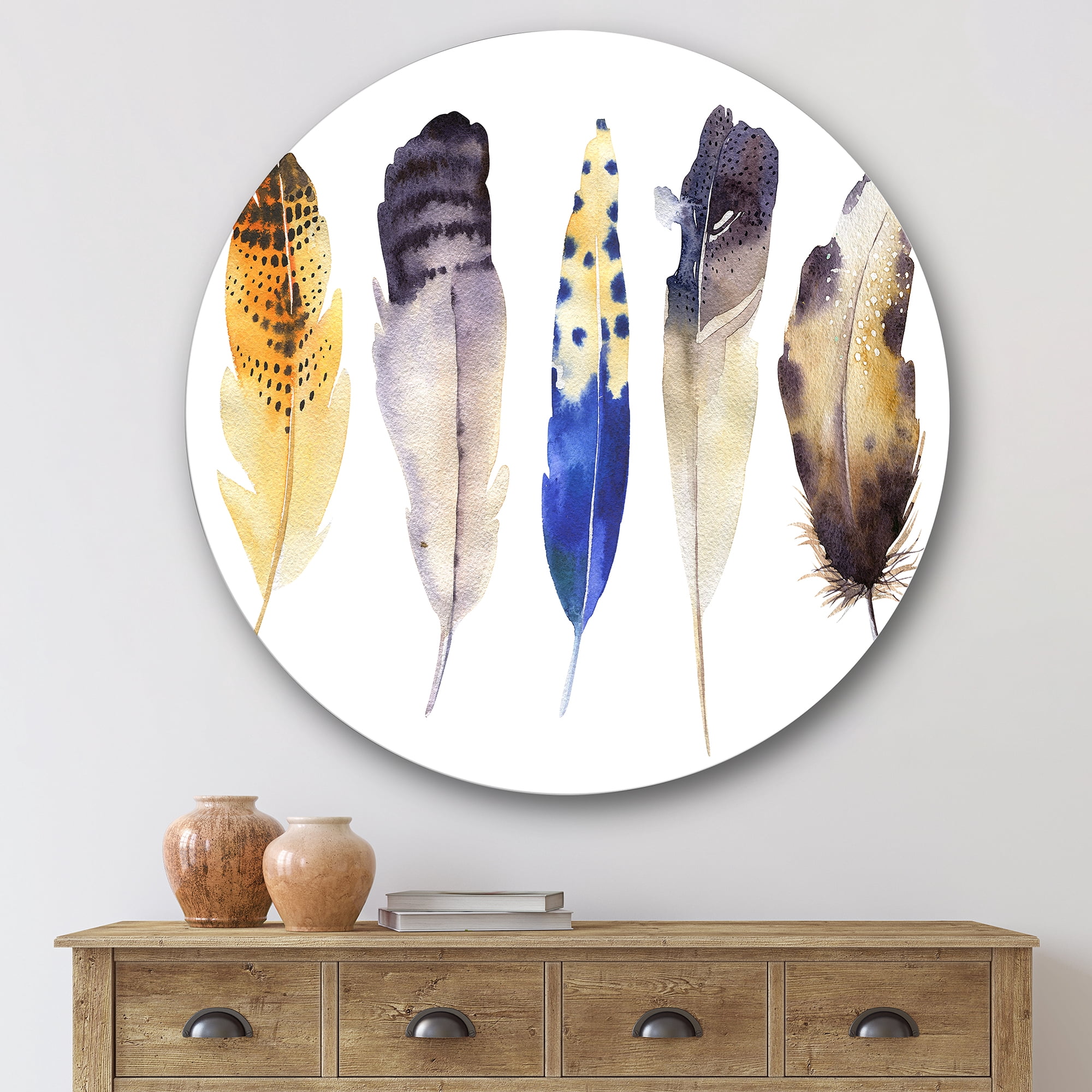 Designart 'Colourful Boho Art Feather Set I' Bohemian & Eclectic Circle Metal Wall Art 29x29 - Disc of 29
