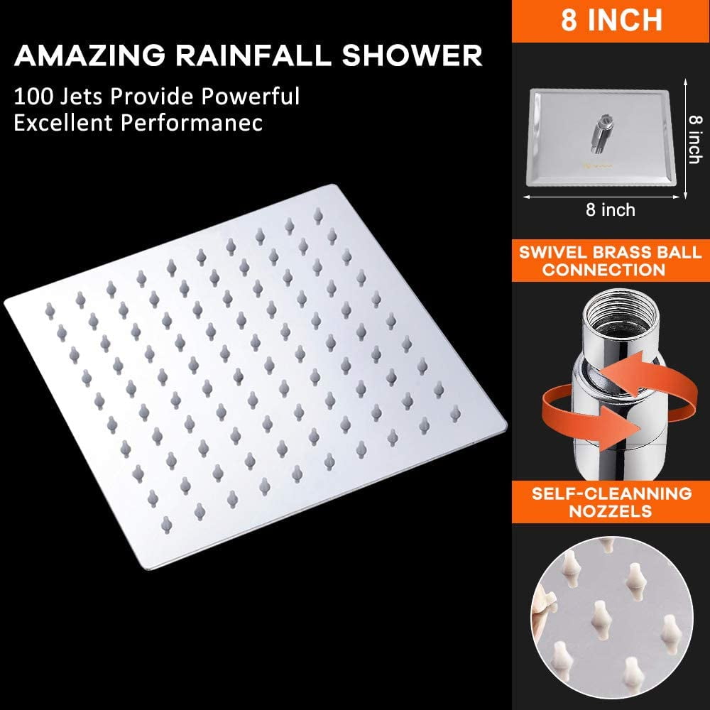 Rain Shower Head, High Flow Stainless Steel Square Rainfall Shower, Pressure Design, Awesome Experience Even At Low Water (8 Inch, Chrome Finish)