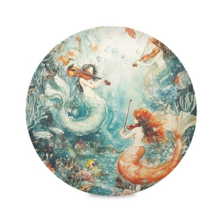 

WOBOGO Mermaid Plays Music Round Placemats Set of 1 Heat Resistant Washable Kitchen Table Decorations 15.4in