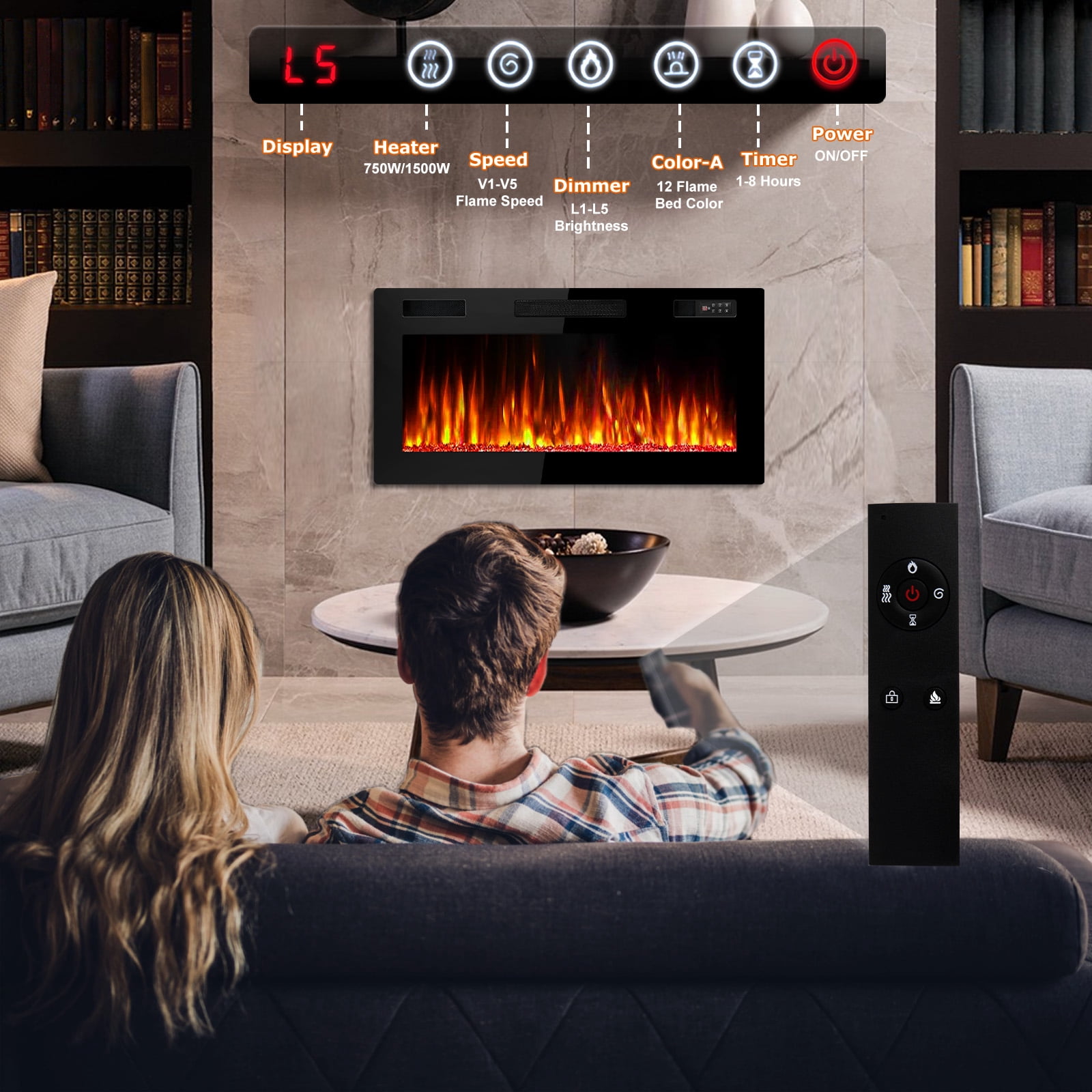Waleaf 36” Electric Fireplace Ultra Thin Fireplace Heater, Recessed Wall Mounted Fireplace with Multicolor Flame & Remote Control