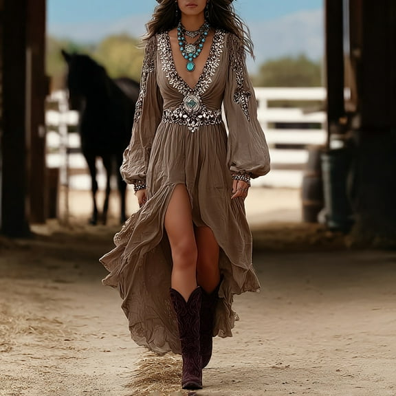 MORTTIC Women's Patchwork V-Neck Dress with Puff Sleeves & Asymmetric Hem Flowy Western Style Boho Midi Dress Coffee，S