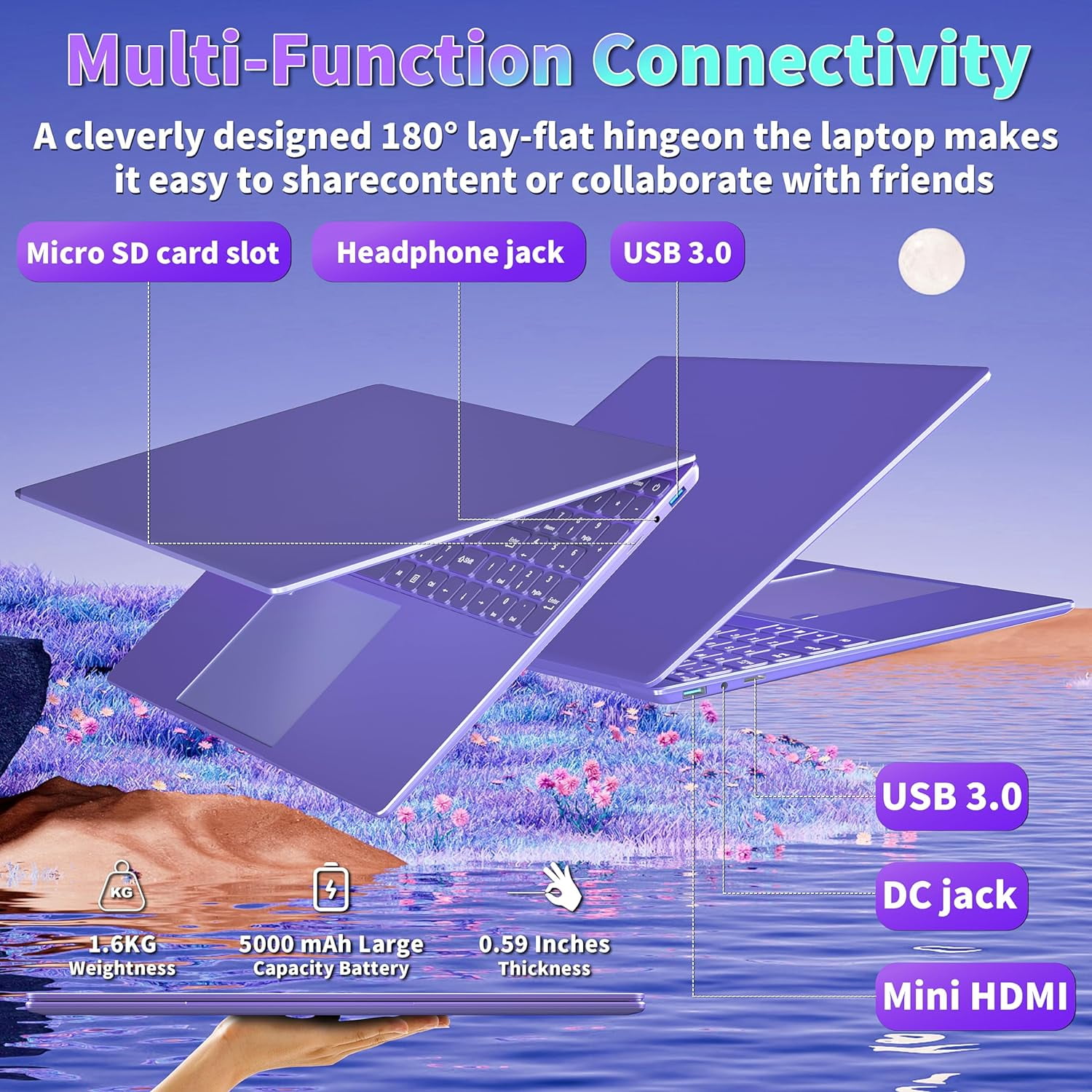 Rumtuk 16 inch Purple Laptop, LPDDR4 16G RAM, 1T NVMe SSD, 2K FHD IPS, Win 11 Pro/Office 2019, Celeron N95 CPU , Color Backlit KB, Finger Print, USB3.0, WIFI, Gaming PC Notebook for Work Study