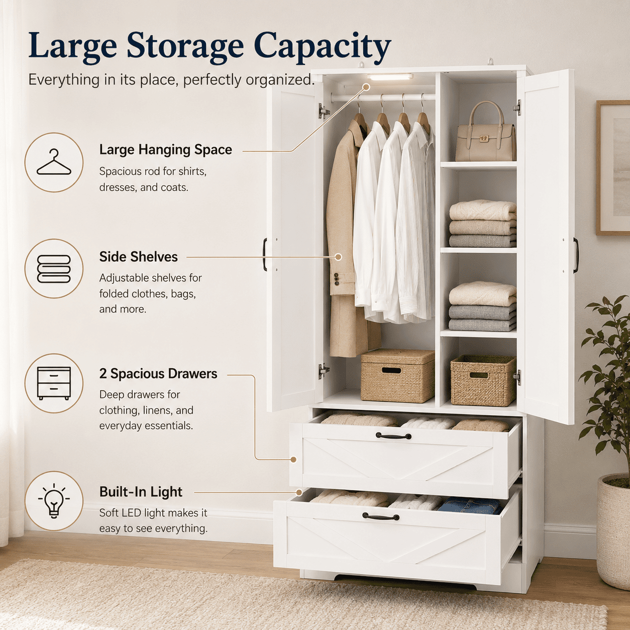 Aukfa 2-Door Wardrobe Armoire with Mirror & Built-In Induction Light, Bedroom Wood Closet with Hanging Rod & 2 Drawers,White