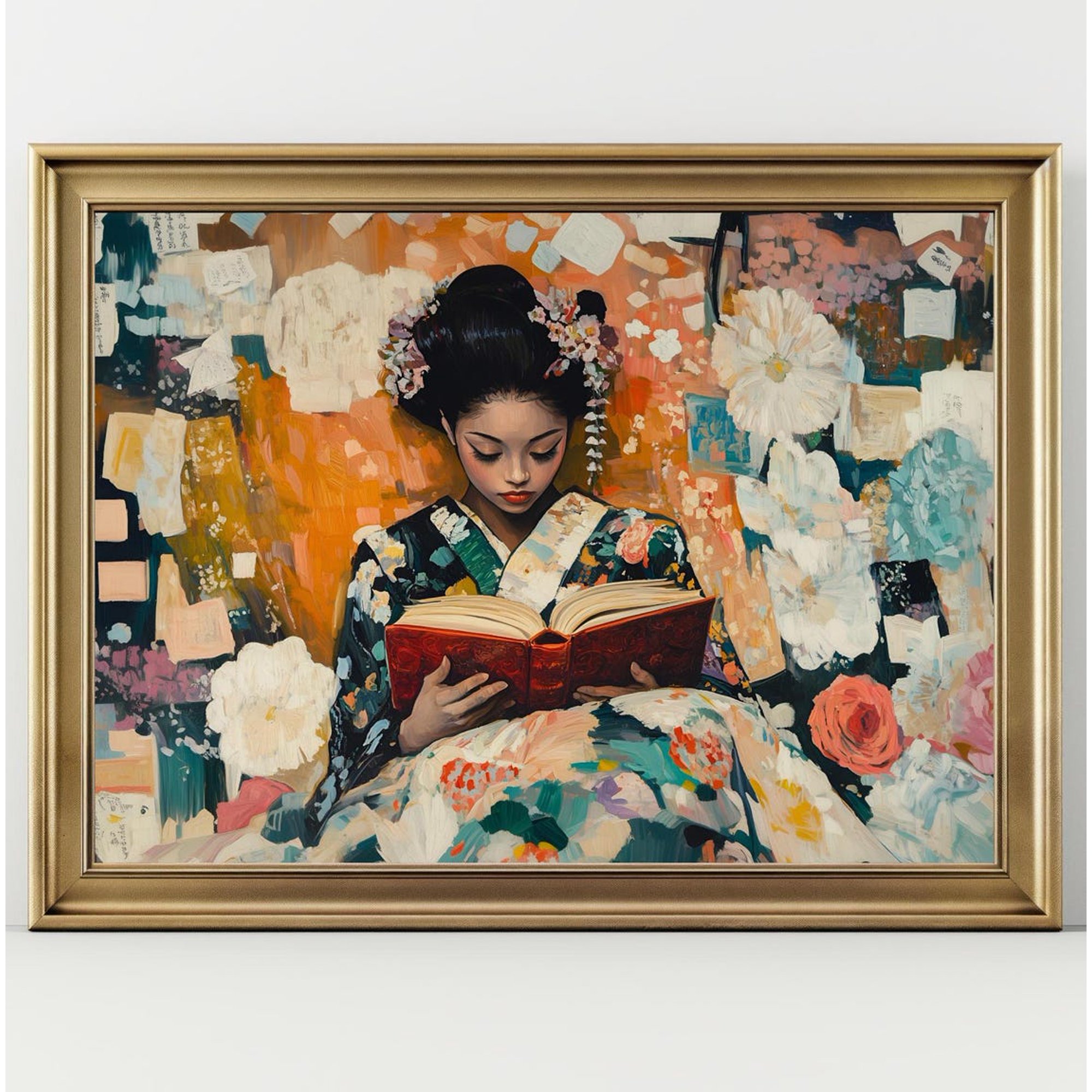 Japanese Woman Reading Wall Art Geisha Book Lover Print Floral Asian Portrait Decor Literary Girl Artwork Elegant Cultural Wall Art
