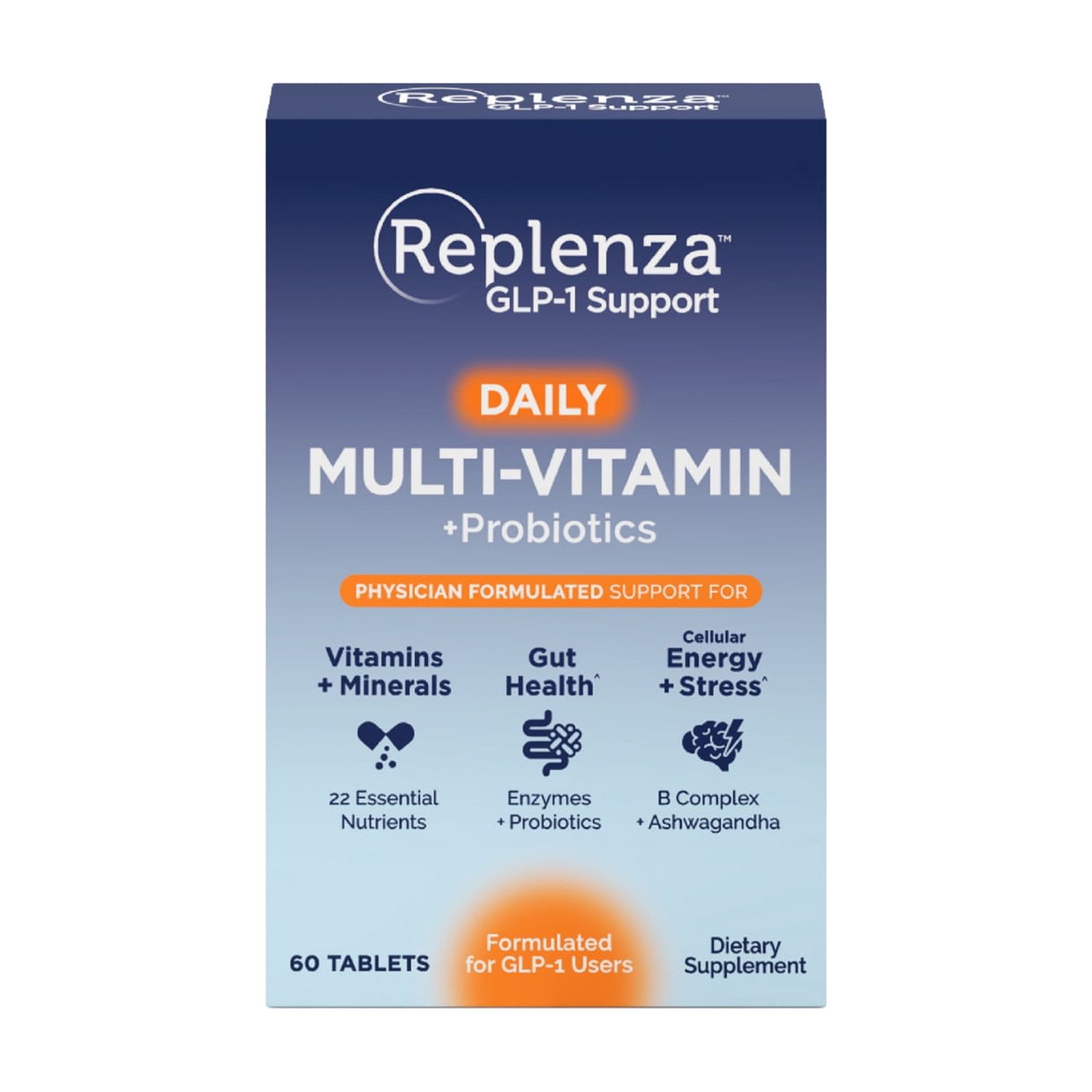 Replenza GLP-1 Support, Multivitamin Probiotic, 22 Essential Nutrients, Promotes Gut Health and Cellular Energy, 60 Tablets