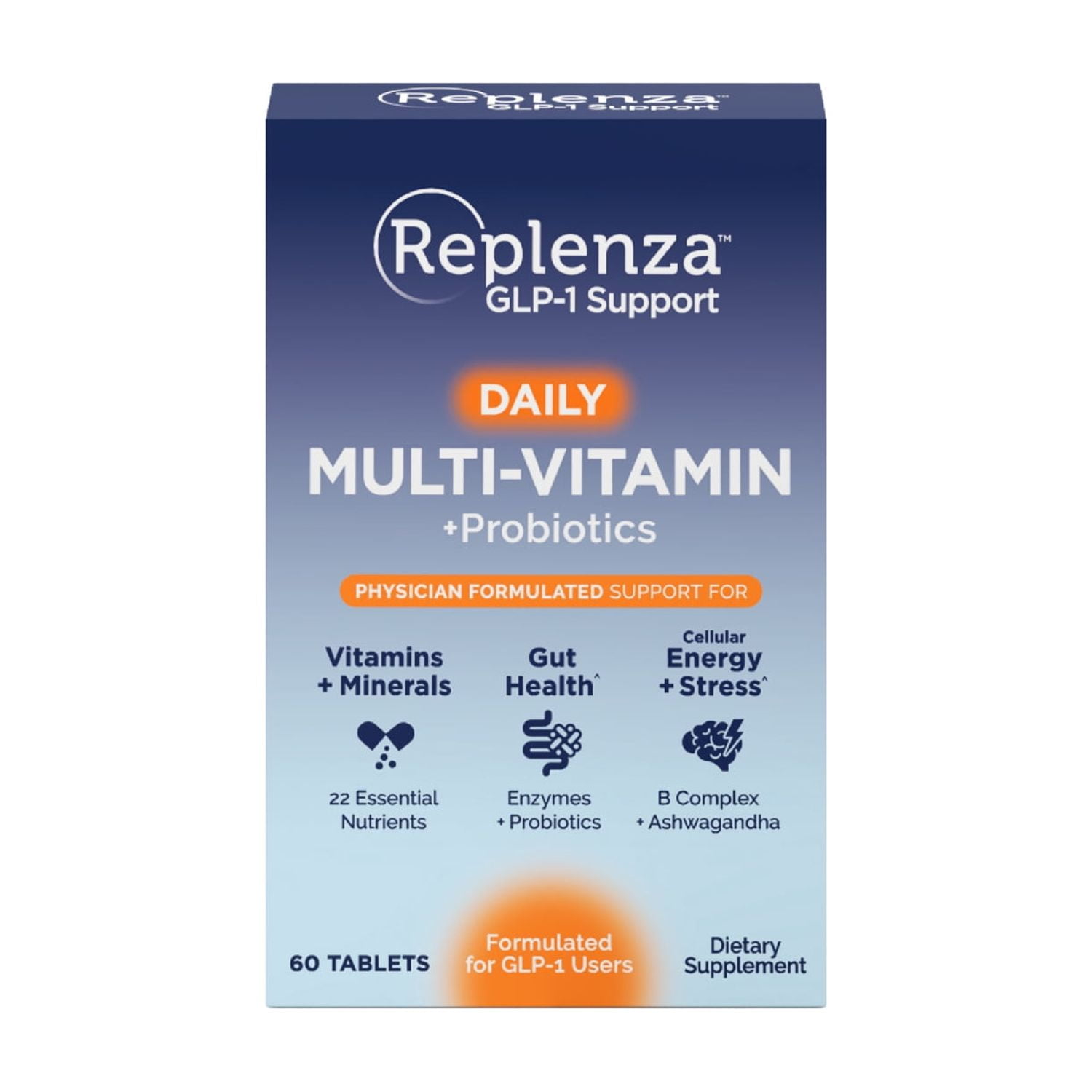 Replenza GLP-1 Support, Multivitamin Probiotic, 22 Essential Nutrients, Promotes Gut Health and Cellular Energy, 60 Tablets