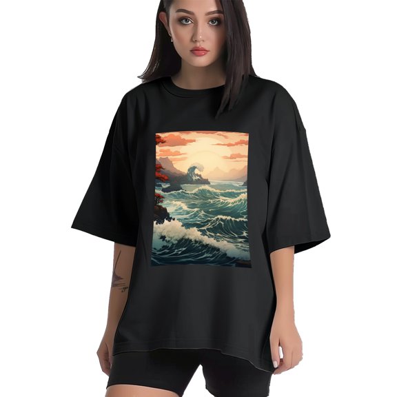 Plus Size Shirt for Women Black Tops for Women Short Sleeves Shirt for Women Wave T Shirt Crewneck Shirt for Women XS
