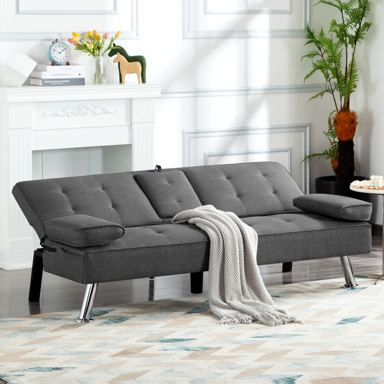 Gewnee 65.35" Futon Sofa Bed Metal Frame 5 Adjustable Positions Cup Holders Storage Pocket Office Apartment Dark Grey