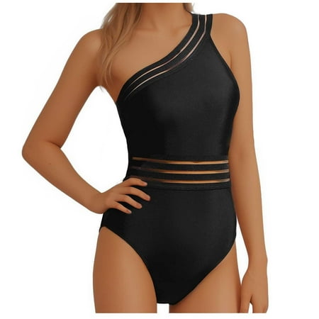 Ndbuld One Piece Swimsuit Women Criss Cross Back Color Block Print Bathing Suits Athletic Modest Swimwear on Clearance Black M