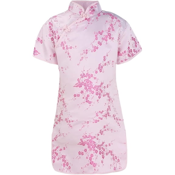 VNKIDY Girls Kids Traditional Qipao Dress With Floral Embroidery High Collar Short Sleeve Side Slit For Festive CHoliday Casual Wear Trendy Dress