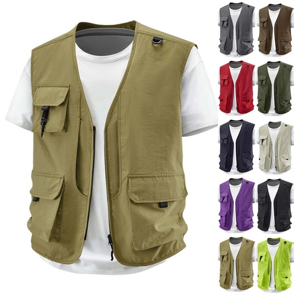 FRSASU Men's Multi Pocket Cargo Vest Lightweight Sleeveless Zipper Front Outdoor Fishing Travel Hiking Vest Jacket Red