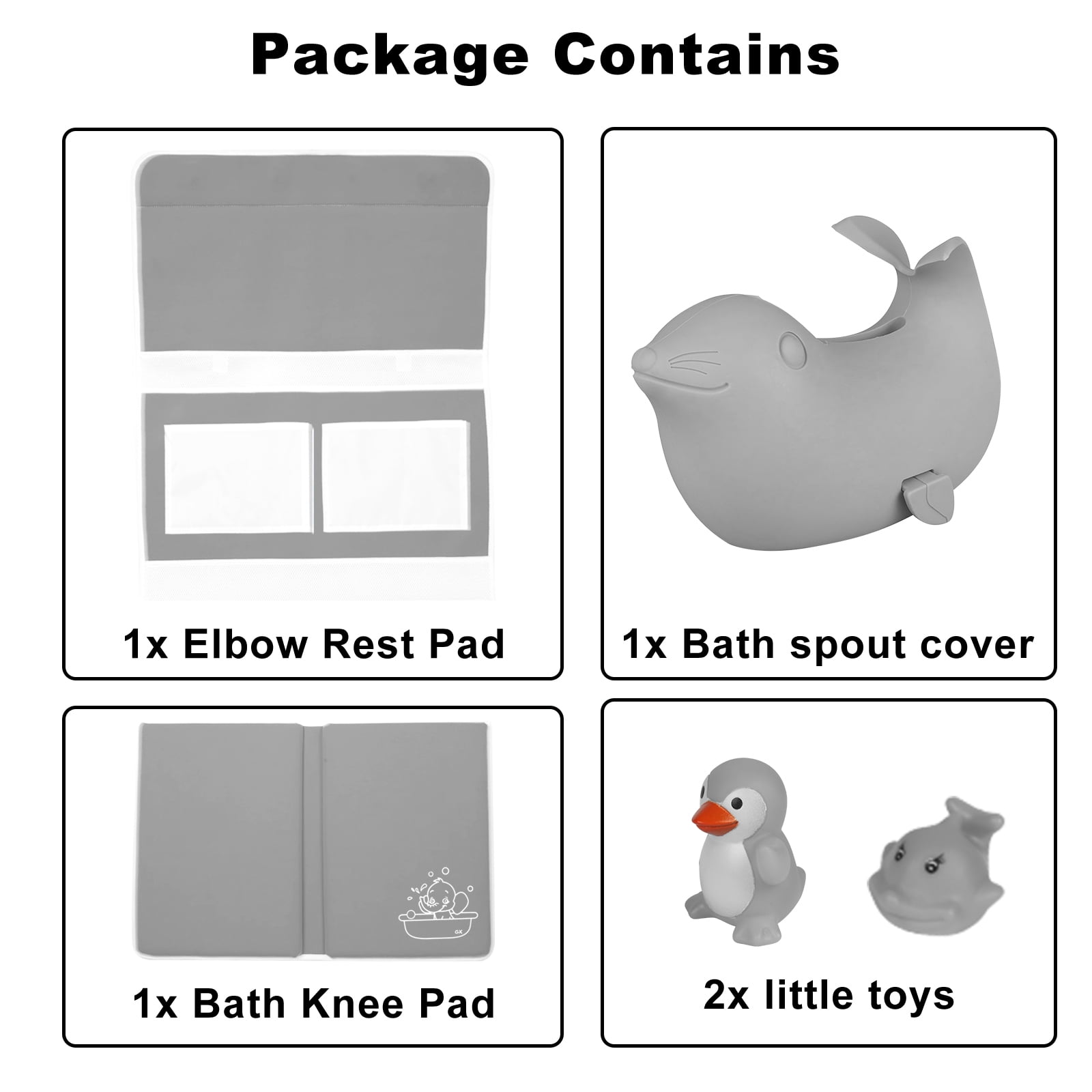 Bath Kneeler and Elbow Rest Pad Set with Toy Organizer - Bath Spout Cover Gray Sea Lions