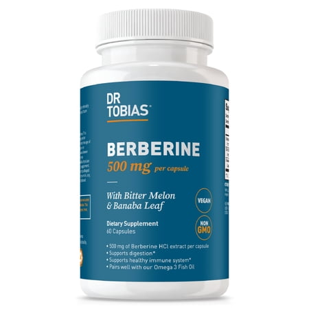 Dr. Tobias Berberine 500mg, Berberine Supplement for Women & Men - Gut Health, Immune Support, Heart Health Supplement with Bitter Melon Banaba Leaf – Vegan, Non-GMO, 60 Capsules