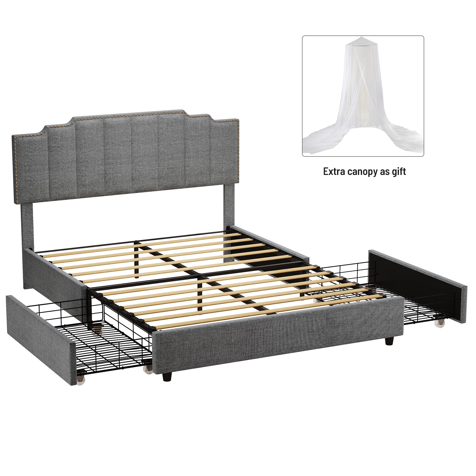 Euroco Upholstered Platform Bed with Soft Headboard, Queen Size, Gray