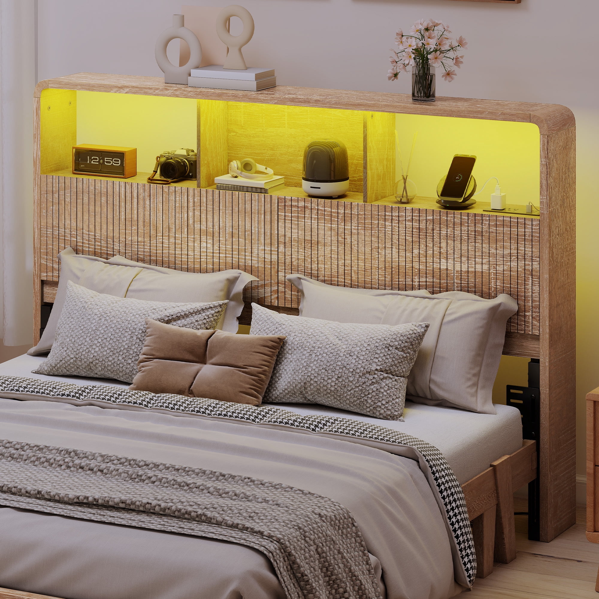 Homiflex Queen Headboard with Storage, Headboards with Power Outlets and Smart LED Light, Sturdy Wooden Head Board for Queen Size Bed, Natural