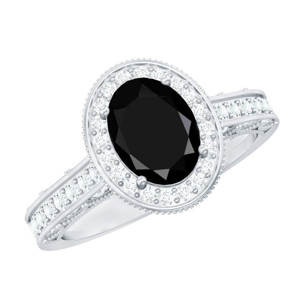 Rosec Jewels Vintage Style Ring for Women - Black Onyx Ring with Diamond Halo (6X8 MM), 925 Sterling Silver, US 4.00
