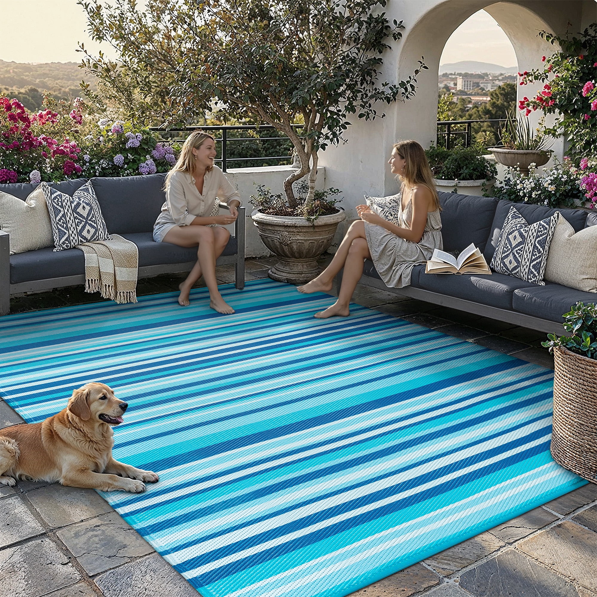 BERTHMEER 5'x8' Striped Outdoor Plastic Straw Rugs on Clearance Waterproof Patio Camping Porch RV Deck Pool Rugs, Blue
