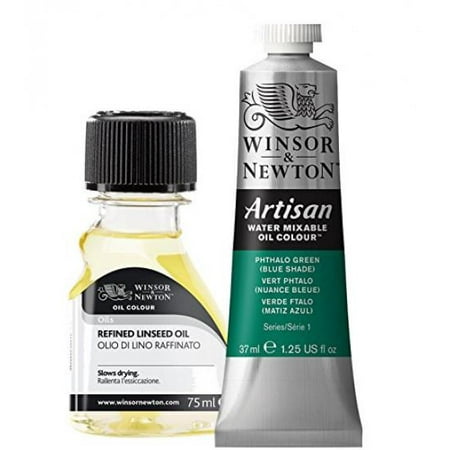 Oil Painting Supplies: Winsor & Newton Artisan Water Mixable Oil Color, 37ml, Phthalo Green with Blue Shade With 75ml Winsor & Newton Refined Linseed Oil - 2 Items Bundled by Maven (Best Primer For Painting Over Dark Colors)