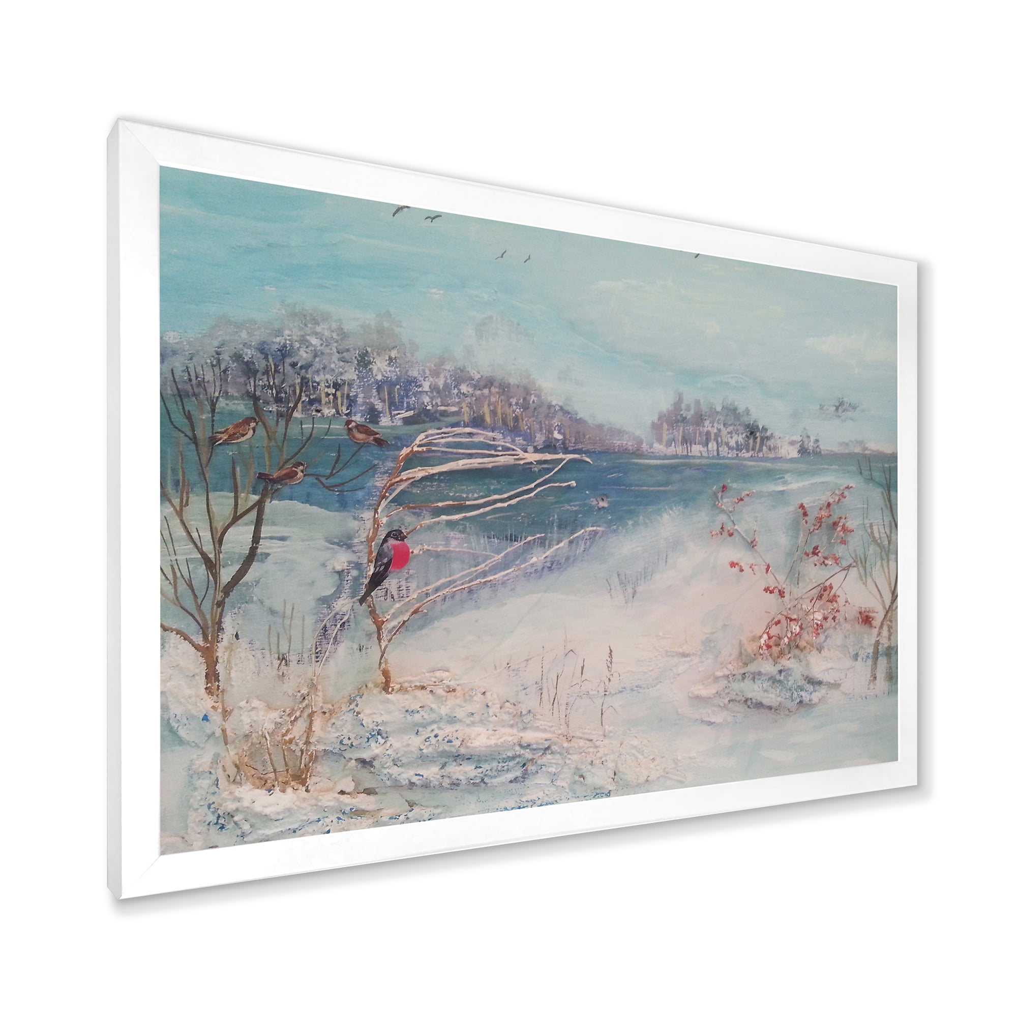 Designart 'Birds and Winter Trees By River' Lake House Framed Art Print