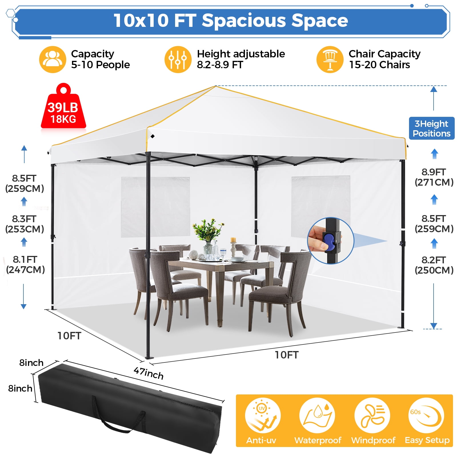 HOTEEL 10x10 Pop up Canopy with Sidewalls,Waterproof Tent for Parties Wedding Event,Instant Outdoor Gazebos with Carry Bag,Stakes,Ropes & Sandbags,White