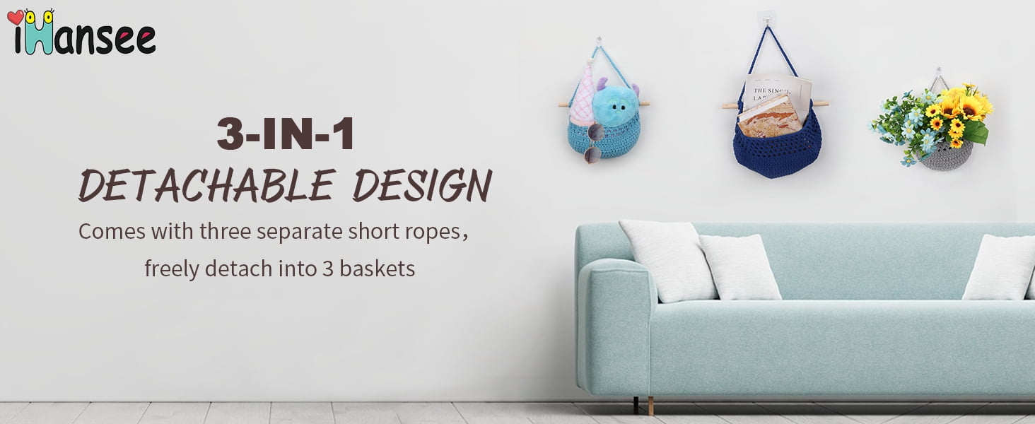 Hanging Fruit Basket, 3 Tier Detachable Wall Hanging Basket Over the Door Organizer for Fruit Vegetable Plant Decor, Gray Blue Boho Handwoven Cotton Rope Fruit Basket for Kitchen Bathroom Bedroom
