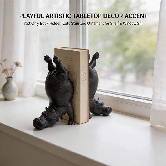 Hippo Bookends, Heavy Resin Acrobatic Hippo Bookends Ends Book Ornament Creative Hippo Notebook Holder Farmhouse Cool Modern Small for Various Types of Books (Brown, B)