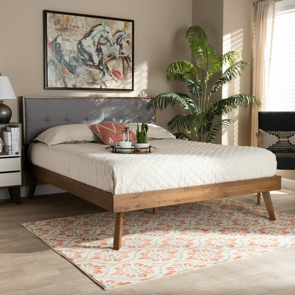 King Size Platform Bed Modern Grey Fabric Upholstered Wood Bed Ang Legs Tufted Design-Length:163