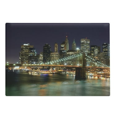 NYC Scene Cutting Board, Nighttime Picturesque of Downtown New York City Busy Urban Vibes, Decorative Tempered Glass Cutting and Serving Board, in 3 Sizes, by Ambesonne