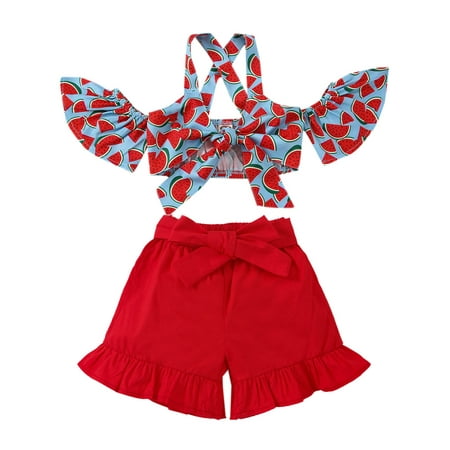 

aturustex Spring Summer Toddler Girl Outfit Floral Cold Shoulder Flare Sleeve Top Shorts Clothes Set (1-6T)