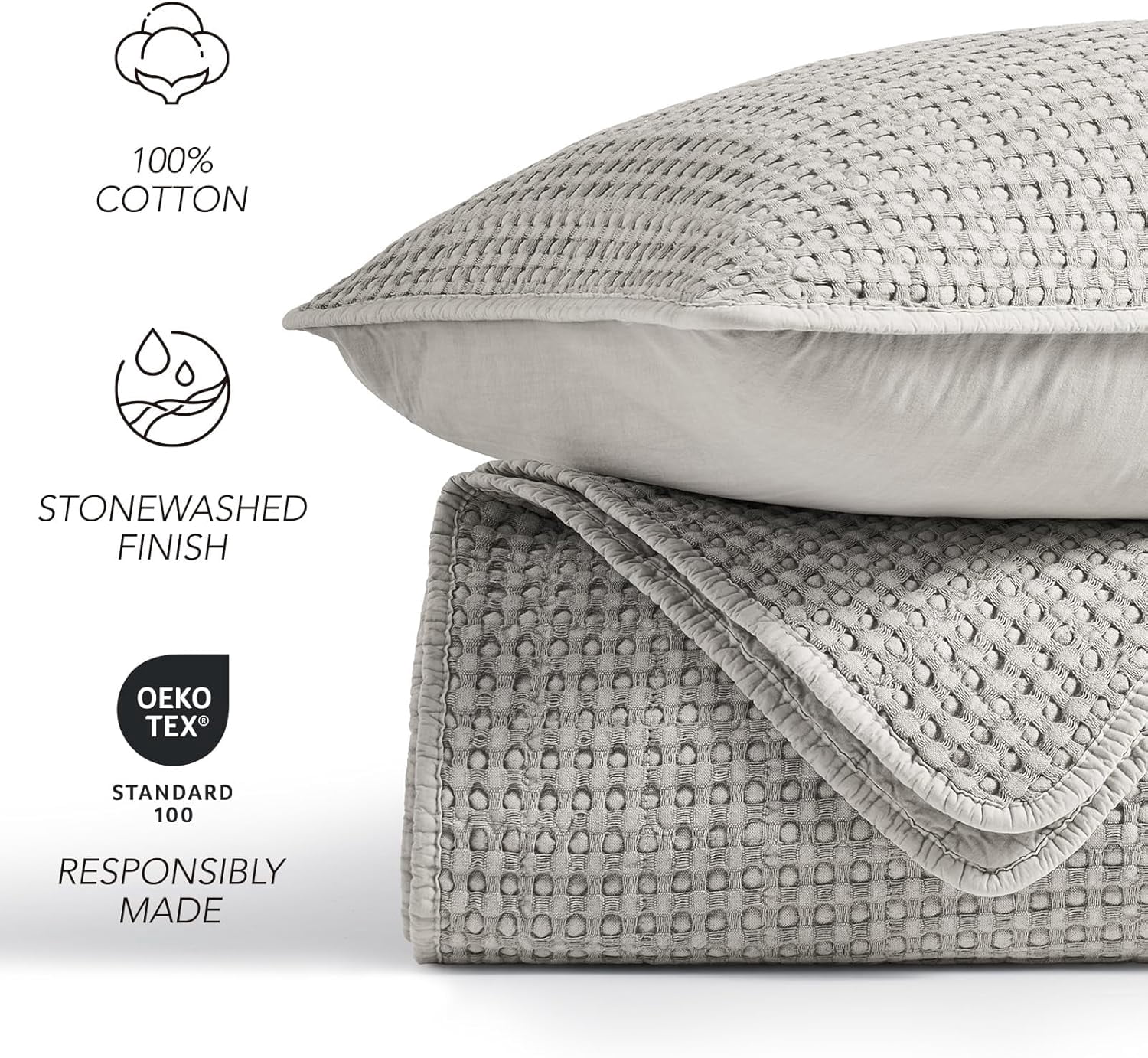 EVERGRACE Stonewashed 100% Natural Cotton Waffle Quilt Set Queen Size 3 Pieces, Durable, Textured & Substantial Bedding, Quilted Coverlet Bedspread with 2 Shams for All Seasons, Misty Gray
