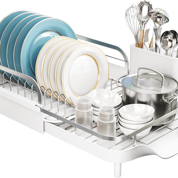Dish Drying Rack, Expandable Dish Rack for Kitchen Counter, Stainless Steel Dish Drainer with Drainboard Set and Utensil Holder (White)