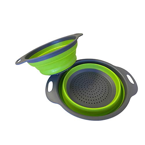 Space Saver Set of 2 Collapsible Colanders Green/Grey Strainer Set For Kitchen Camper Boating