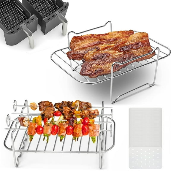Daruoand Stainless Steel Air Fryer Accessories with BBQ Sticks and BBQ Paper Non-stick Air Fryer Rack Multipurpose Double Layer Dehydrator Rack Metal Holder for Dual Basket Air Fryers and Ovens
