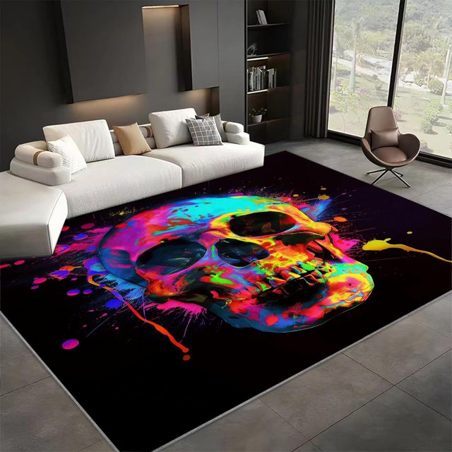 Washable Area Rug 8x10 ft Colorful Graffiti Skull 3D Print Area Rug for Living Room Bedroom Kids Room Home Decor Carpet, Indoor Non-Slip Floor Rug Mat, Low Pile Rugs