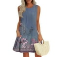 thumbnail image 2 of Womens Summer Dress with Pockets Floral Print Sleeveless Loose Crew Neck Tank Short Dress Pleated Swing Sundress (M, Navy), 2 of 7