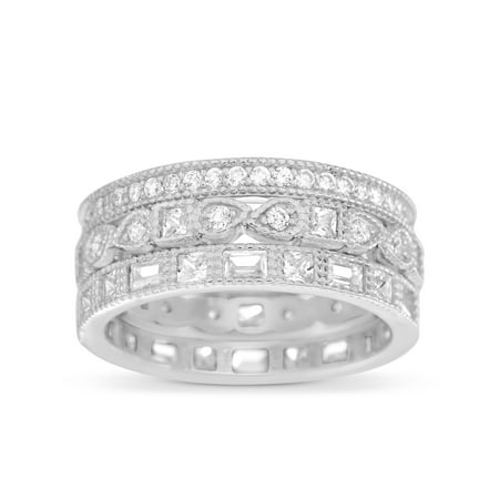 Sheridan Silver Plated - Inspired by You Round Bead Set Cubic Zirconia Antique Style Eternity Band 3pc Bridal Ring Set for Women in Rhodium Plated 925 Sterling Silver