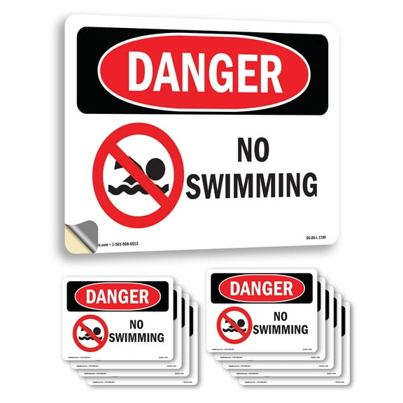 No Swimming OSHA Danger Vinyl Decal Label 18 Inch x 12 Inch - 10 Pack