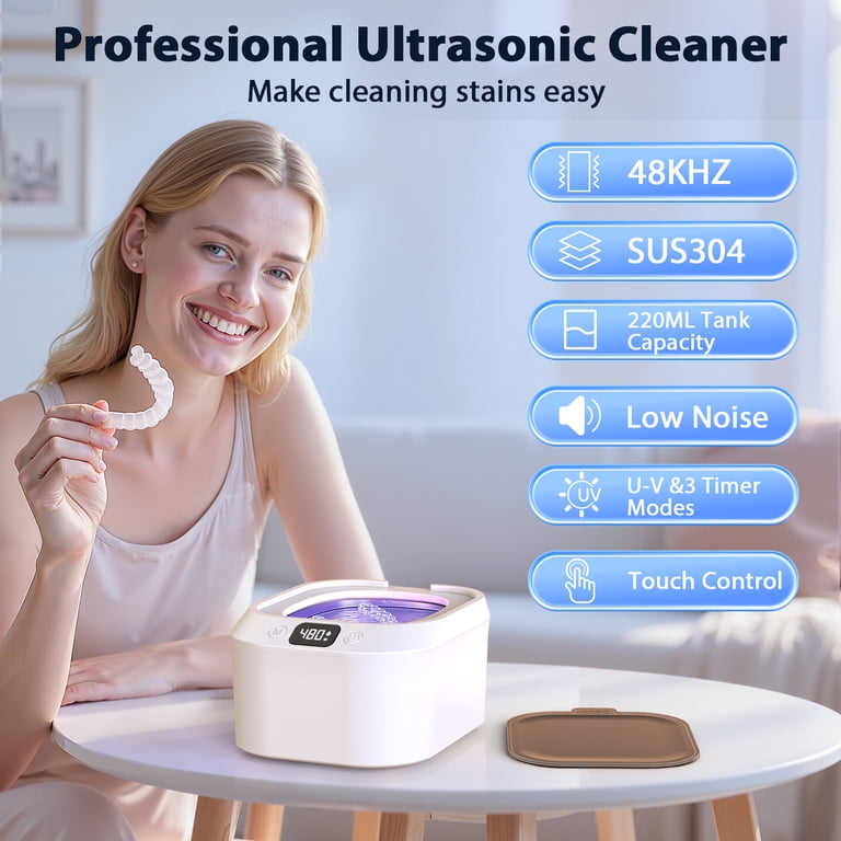 Ultrasonic Retainer Cleaner Machine - 48kHz Dental Appliance Cleaner For Dentures & Mouth Guards