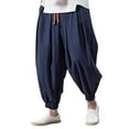thumbnail image 2 of Men's Japanese Cotton Linen Cropped Pants, Loose Wide-Legged Drawstring Casual Pants Plus Size for Summer, Beach and Relaxation,Navy,2XL, 2 of 5