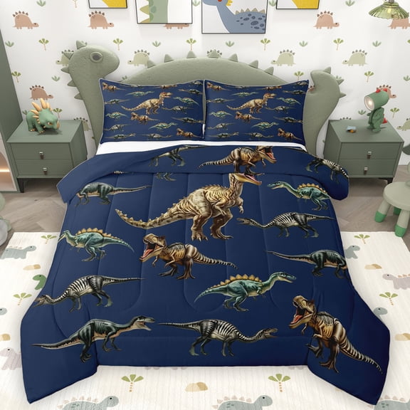Homewish Wild Dinsaur Bedding Comforter Set,Safari Animal Twin Comforter Sets,Deepblue Brown Bedding Set For Bots Kids,Super Cozy Room Decor Reversible,2 Pieces