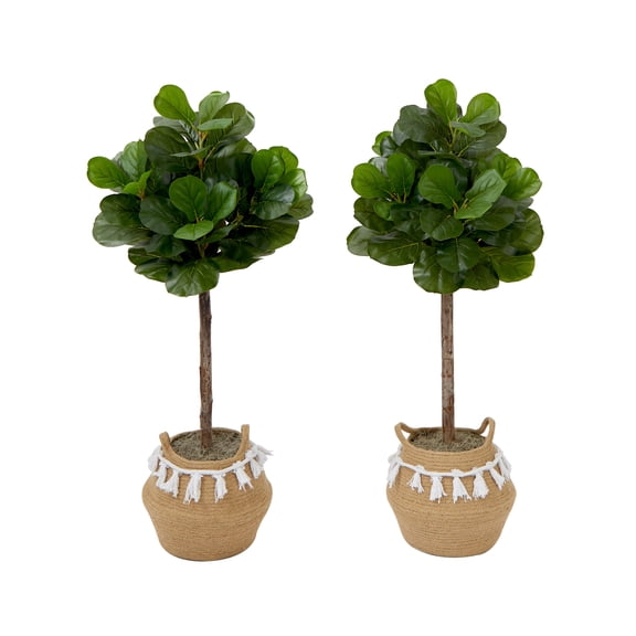 Nearly Natural 4ft. Artificial Fiddle Leaf Fig Tree with Handmade Jute & Cotton Basket with Tassels DIY KIT (Set of 2), Green