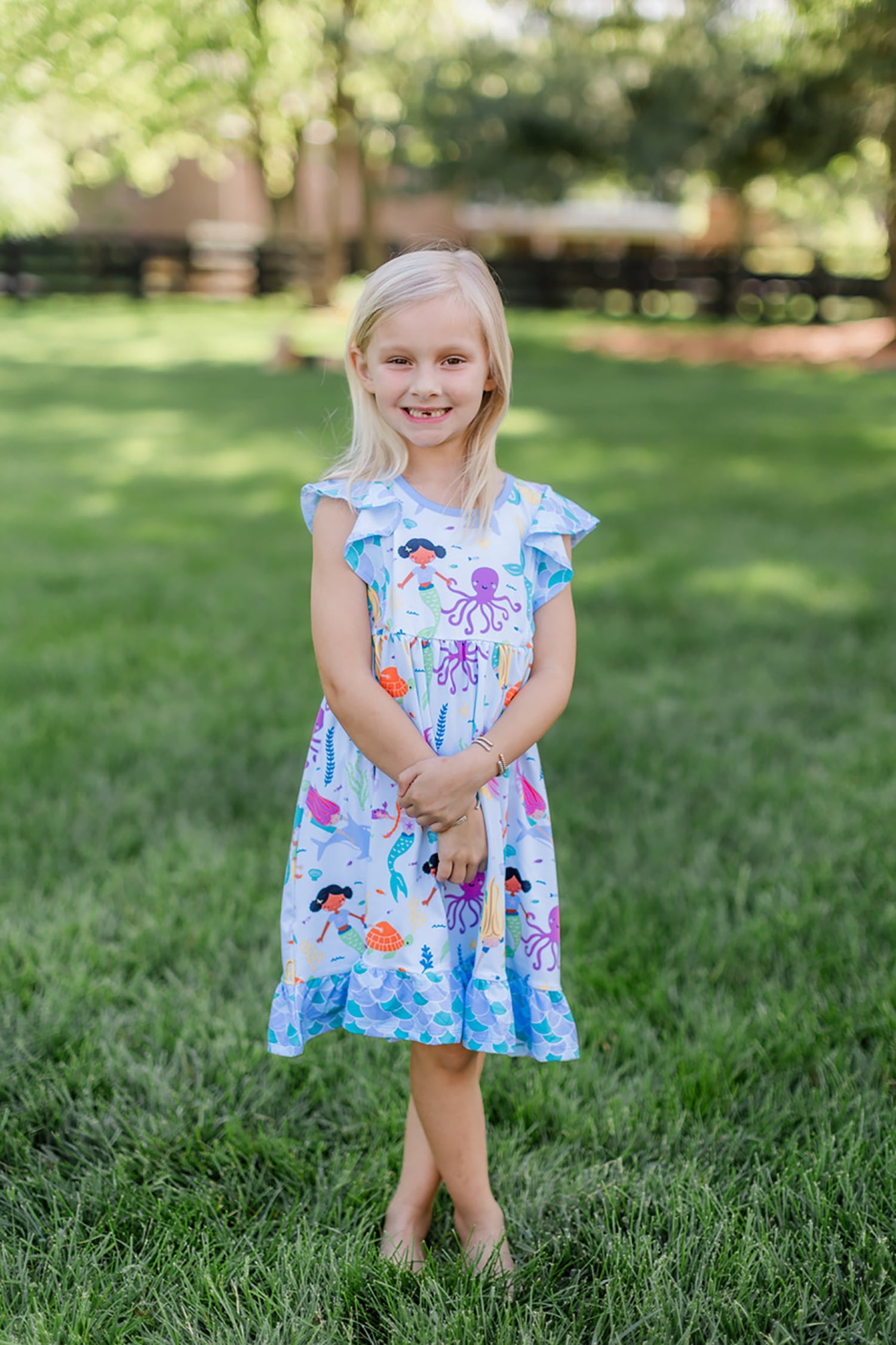 Millie Loves Lily Girls Blue Mermaid Print Dress and Shorts Set,(Size 3T-12)2PCS